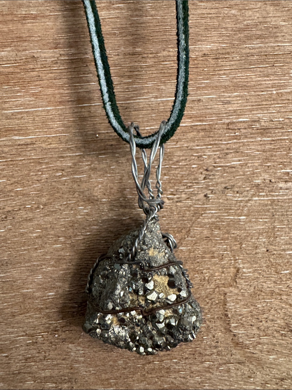 Pyrite Wire-Wrap Pendant Necklace - Green Cord